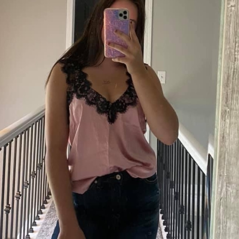 Pink polyester top with black lace